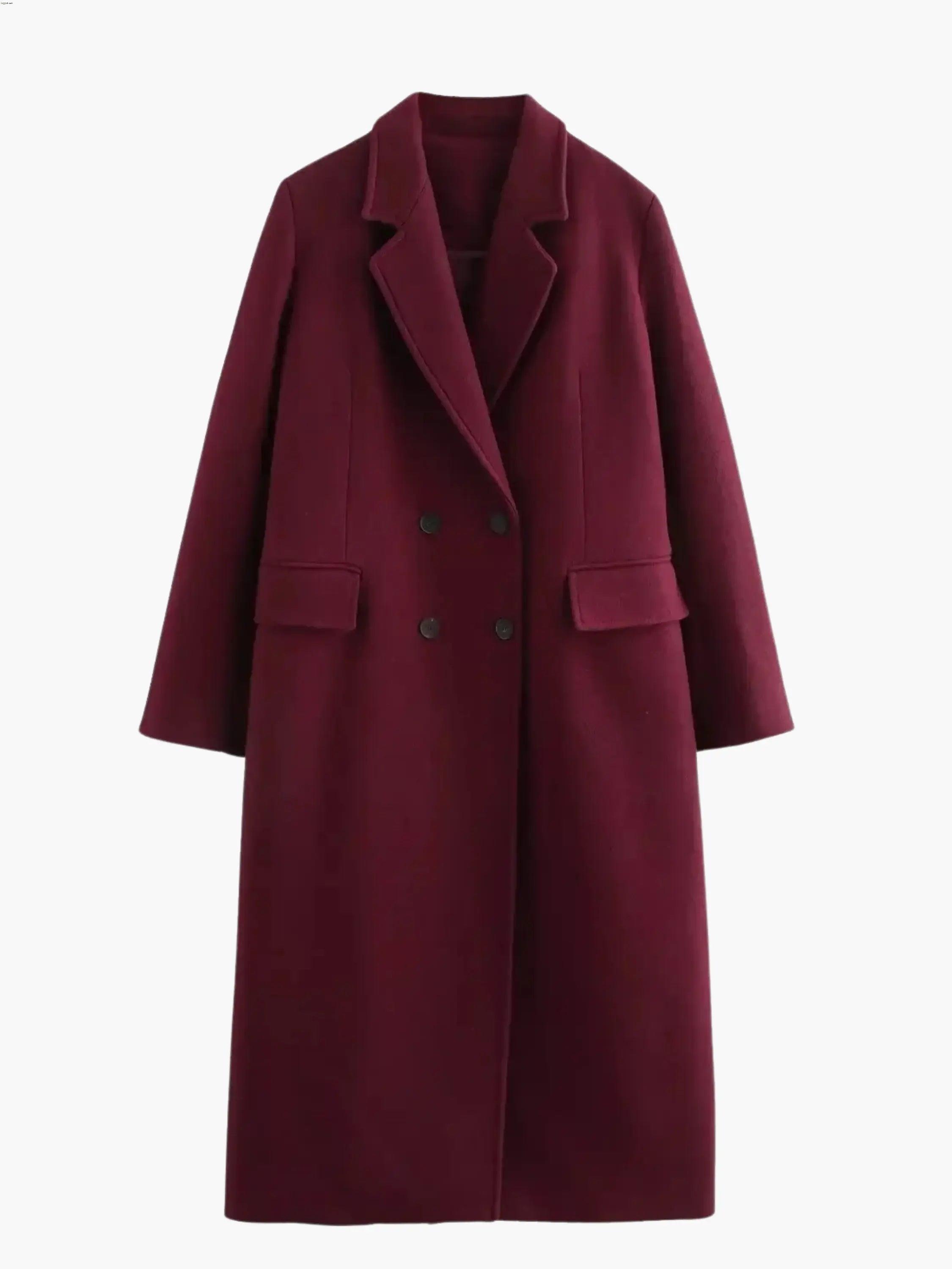 Burgundy Double-Breasted Wool Coat - Bold and Sophisticated
