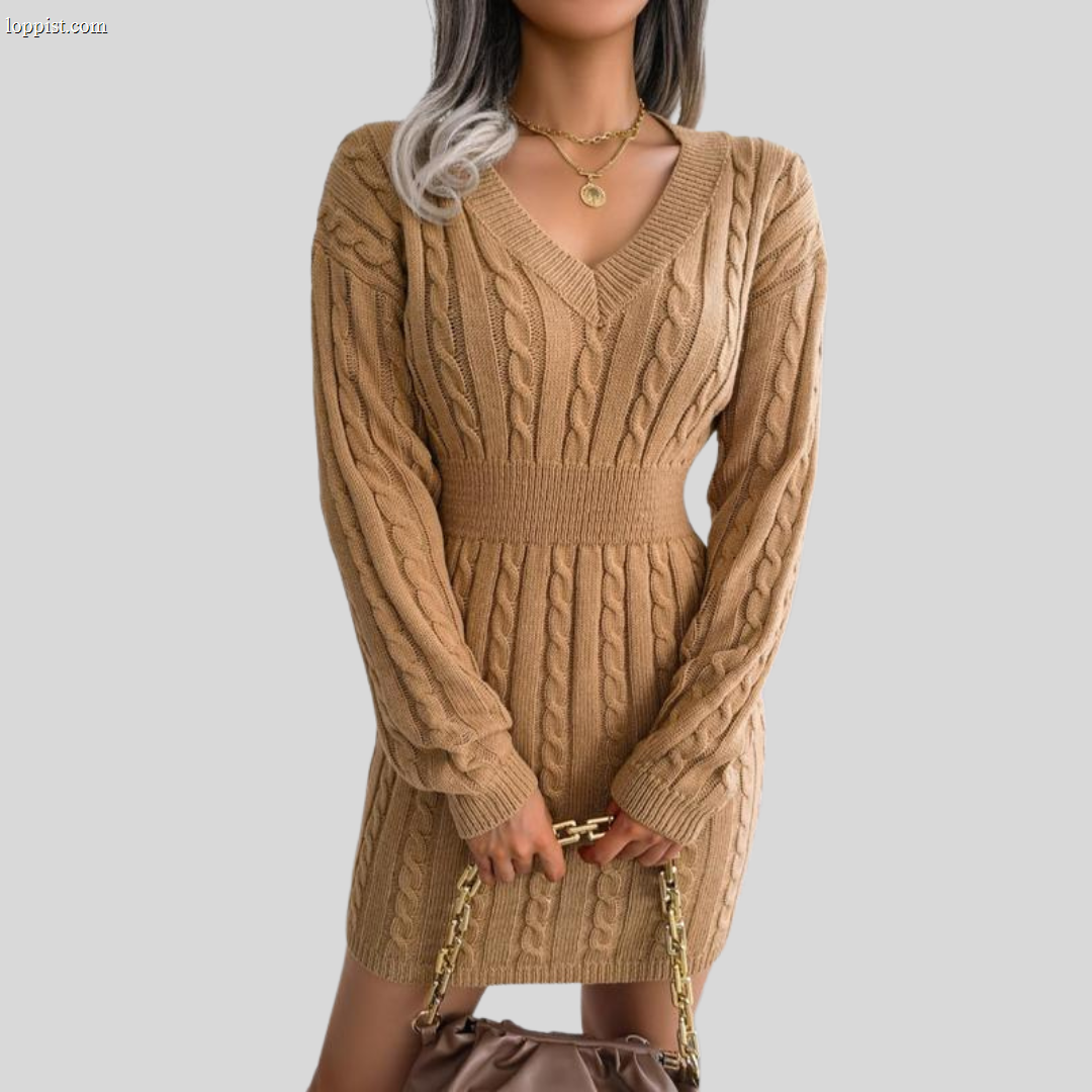 HOLLY™ - Cozy Long Sleeve V-Neck Cable Knit Sweater Dress