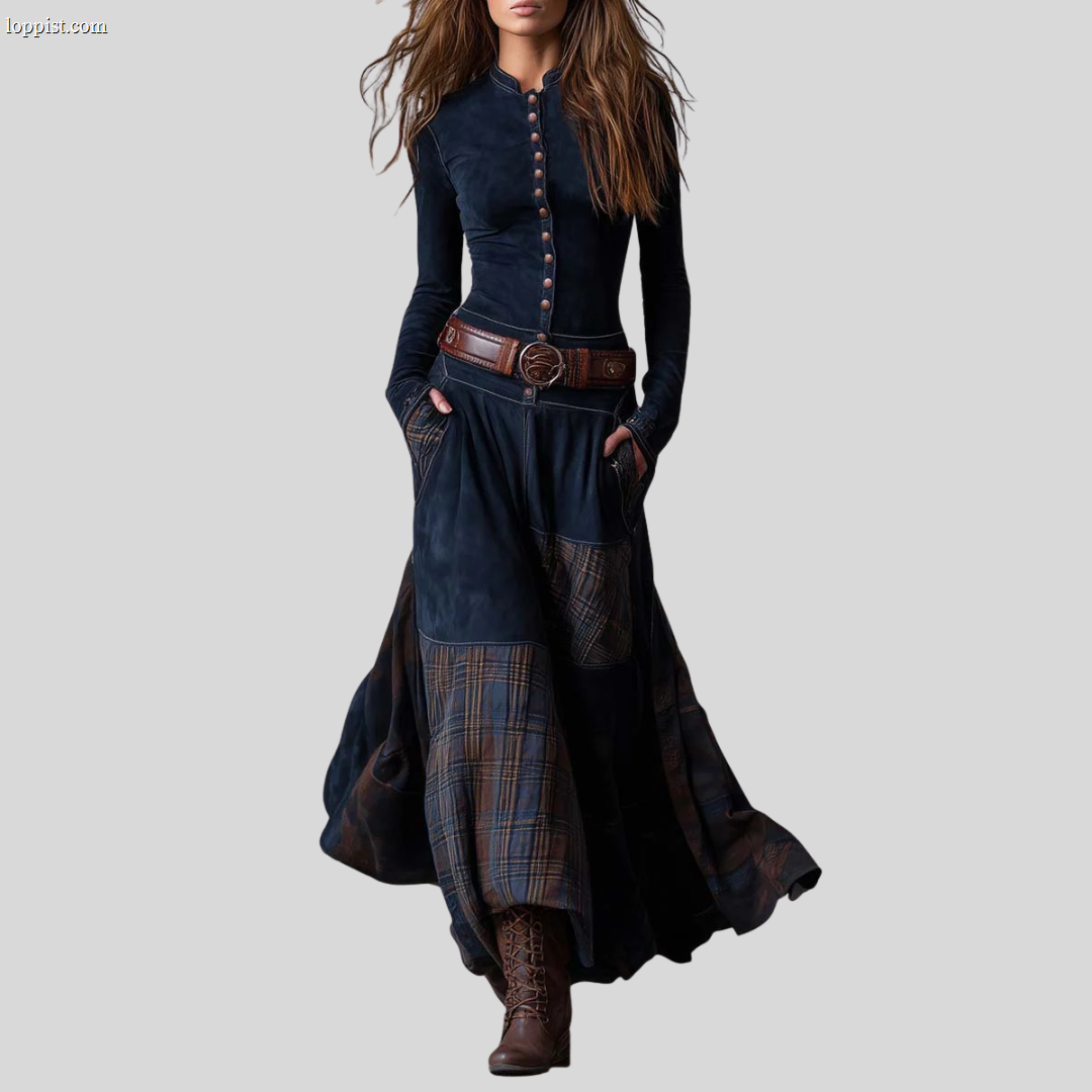 Yelena™ | VINTAGE LONG SUEDE CHECKERED DRESS