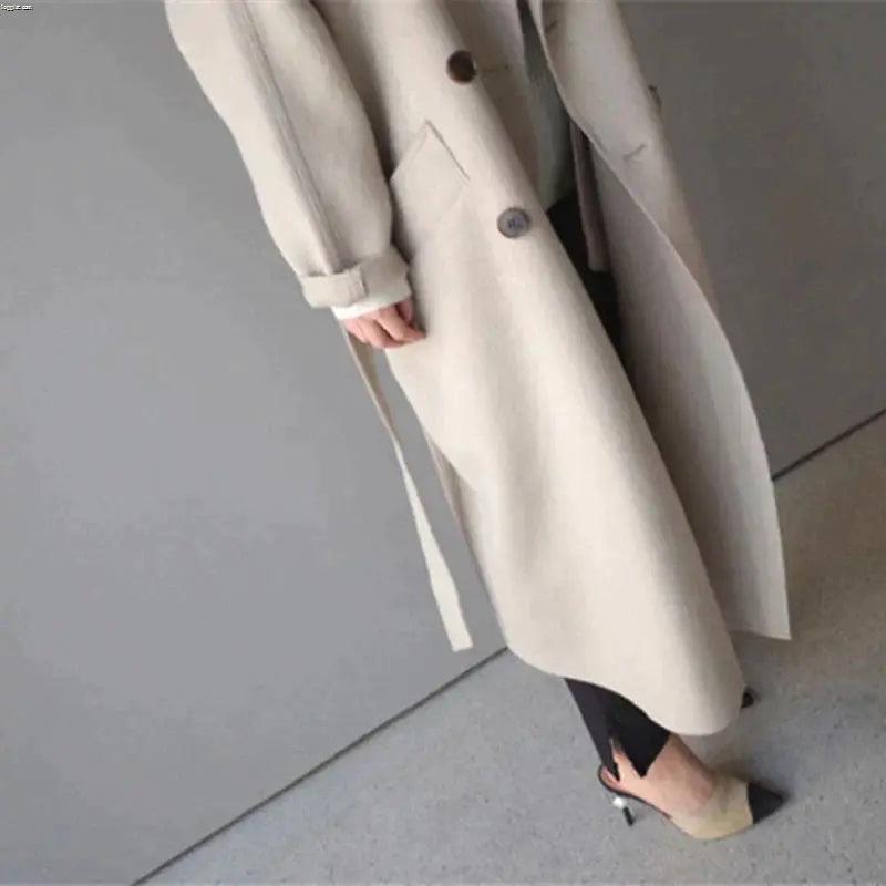 Women’s Longline Trench Coat – Elegant Belted Classic Overcoat
