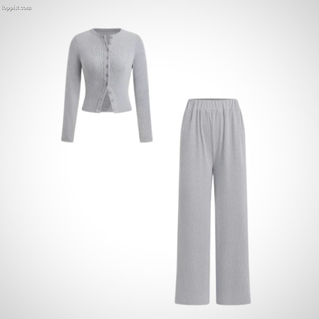 COLY™ - Comfy Button Front Long Sleeve Top and Pants Set