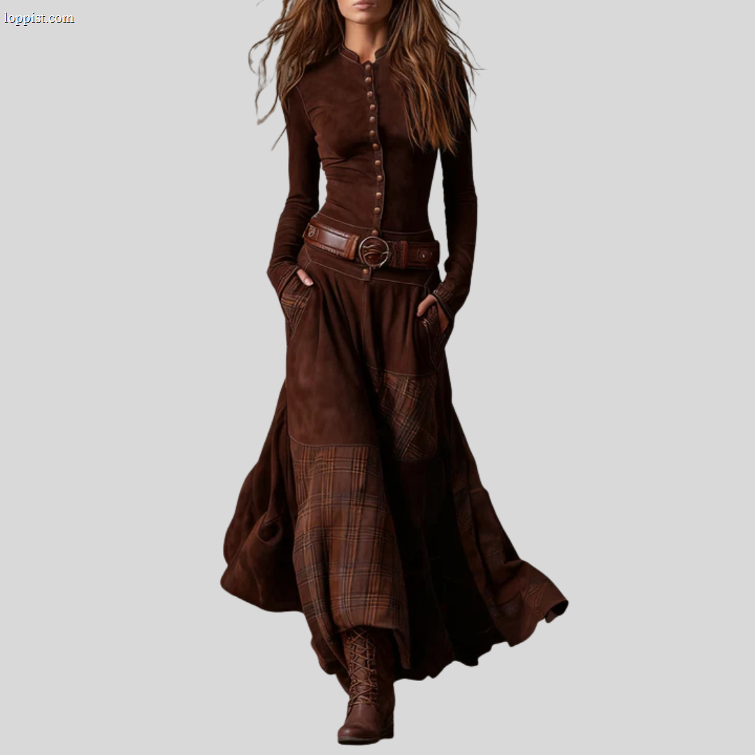 Yelena™ | VINTAGE LONG SUEDE CHECKERED DRESS