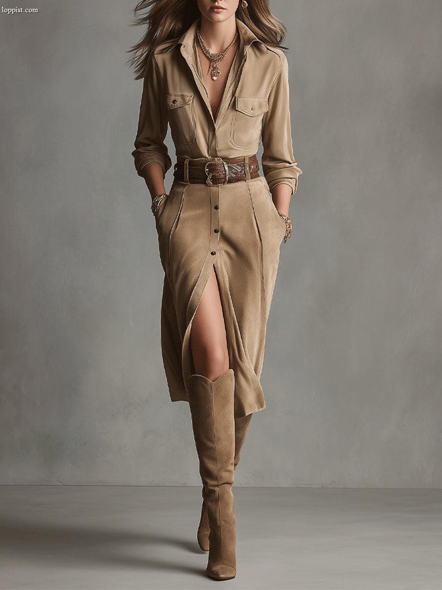 Alelie Women's Brown Fashion Suede Midi Dress
