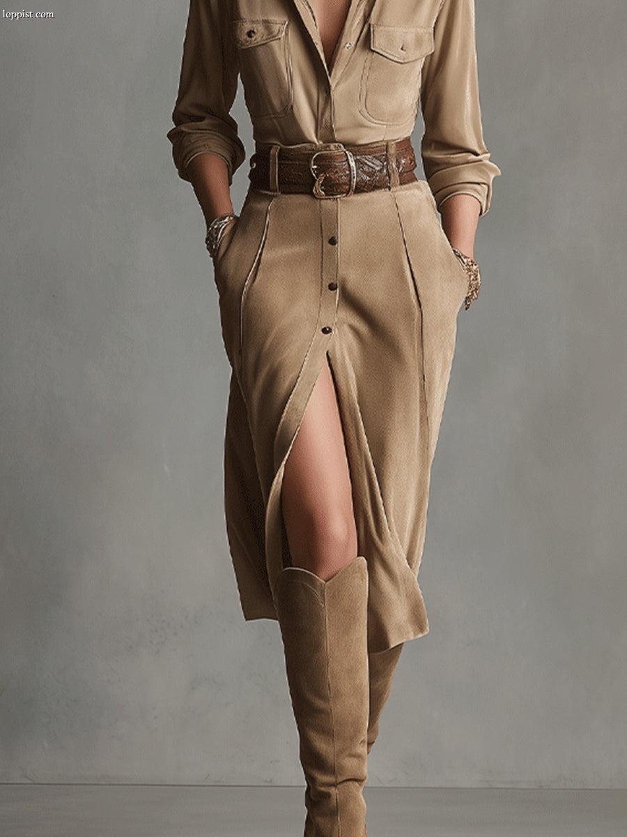 Alelie Women's Brown Fashion Suede Midi Dress