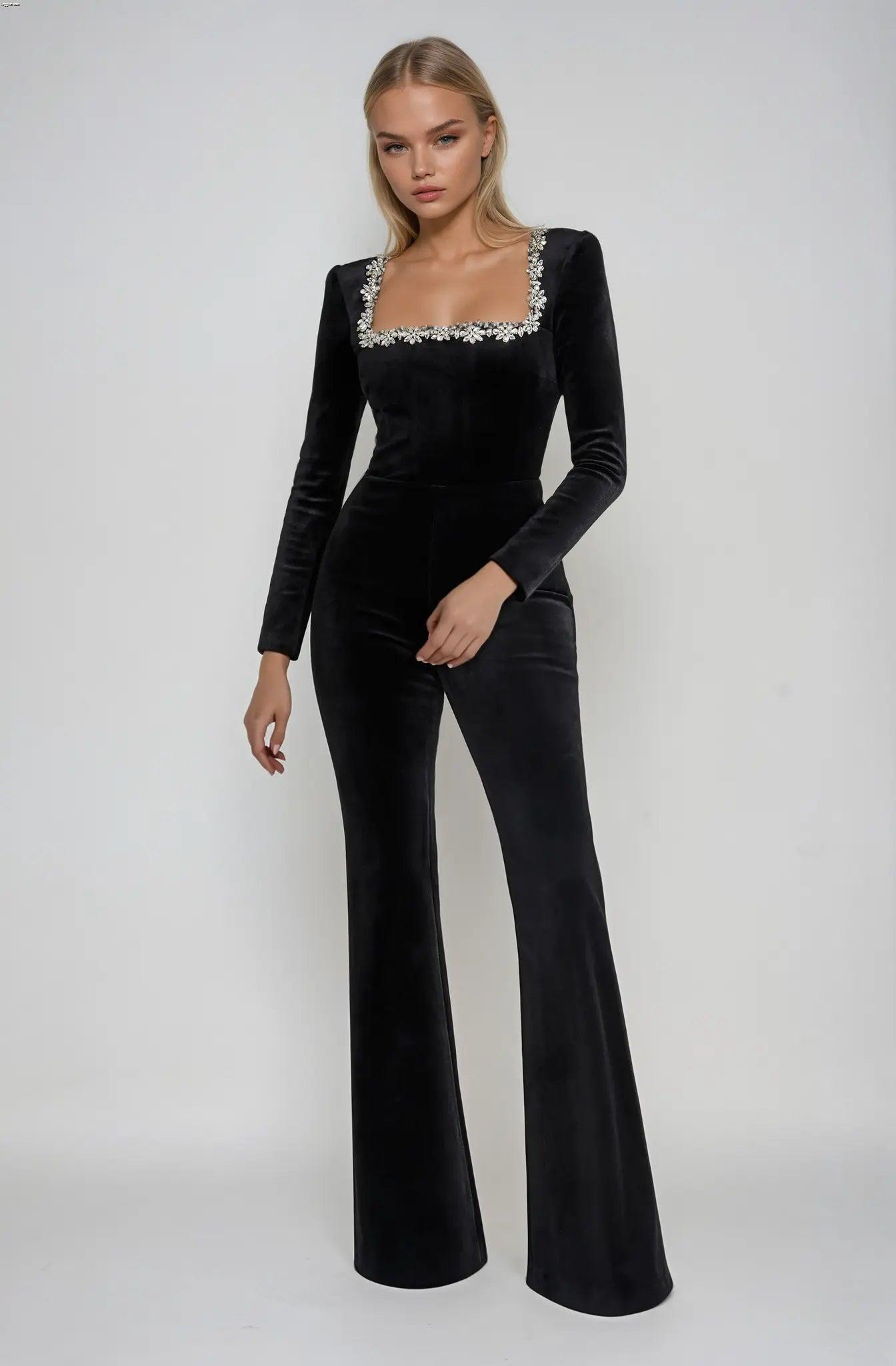Elegant Black Jumpsuit with Embellished Square Neckline