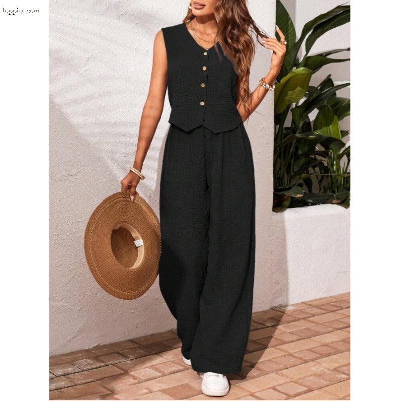 CHARISSA™ – Elegant Sleeveless V-Neck Top and Trousers Set