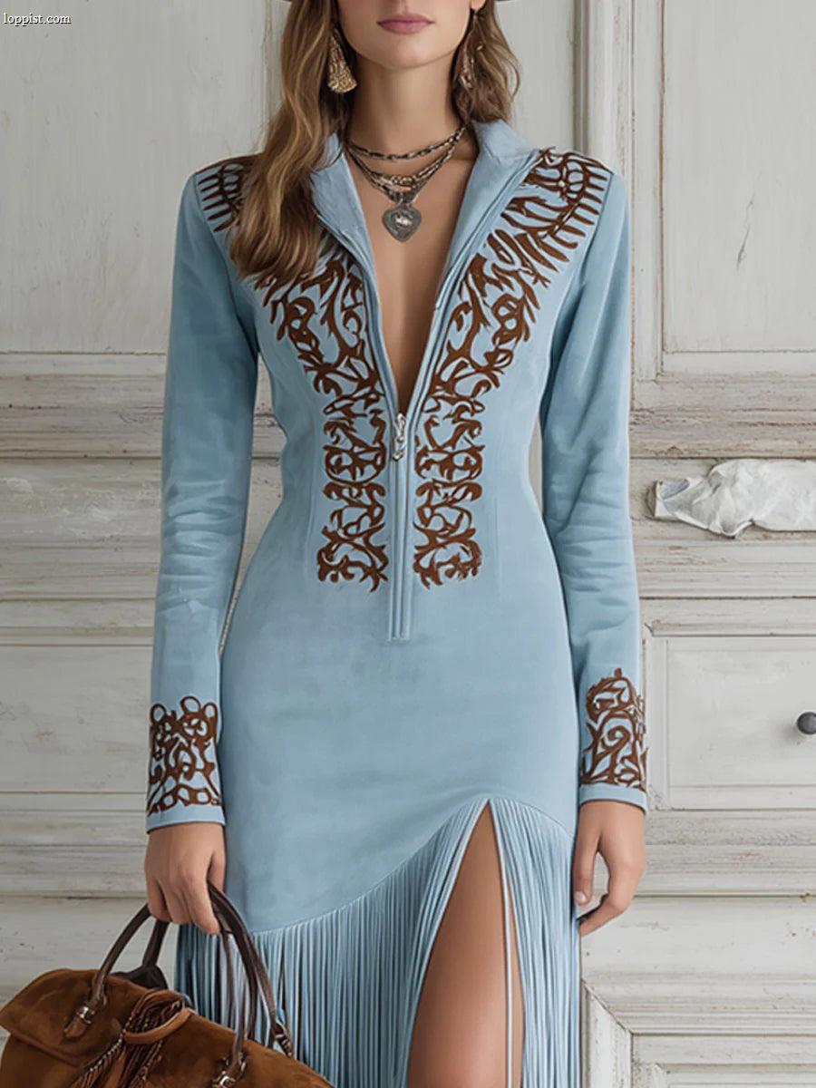 Ophelio Western Half-Zip Embroidered Faux Suede Fringe Maxi Dress