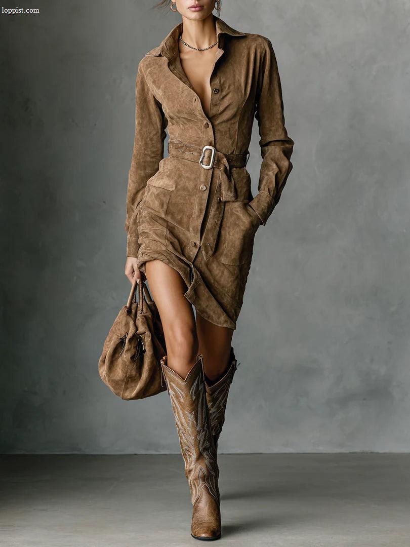 Marigold Suede Single Breasted Lapel Long Sleeve Midi Dress (Includes belt)