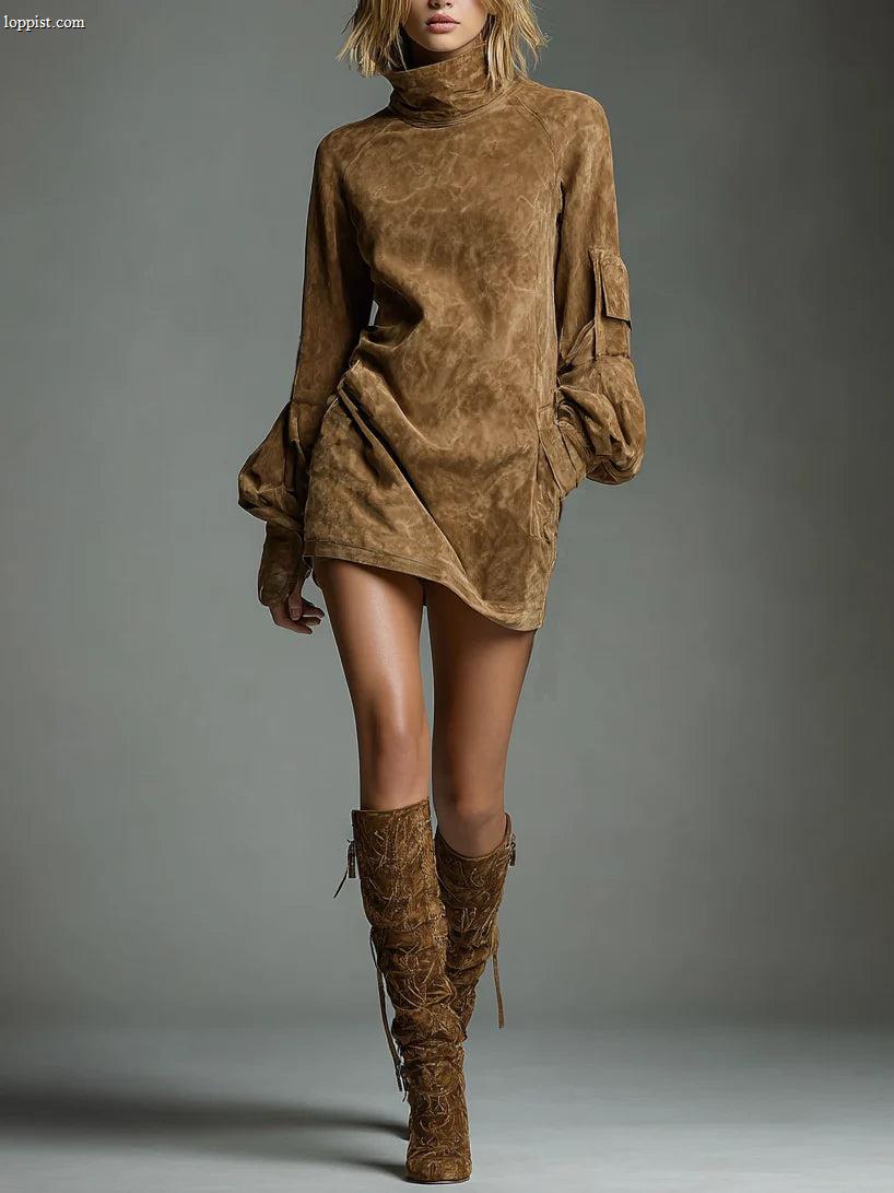 LILLY | SUEDE TURTLENECK MINI DRESS WITH VINTAGE CHARM