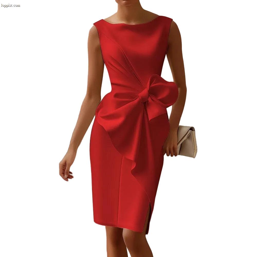 Women's Bow Waist Sleeveless Pencil Dress Midi