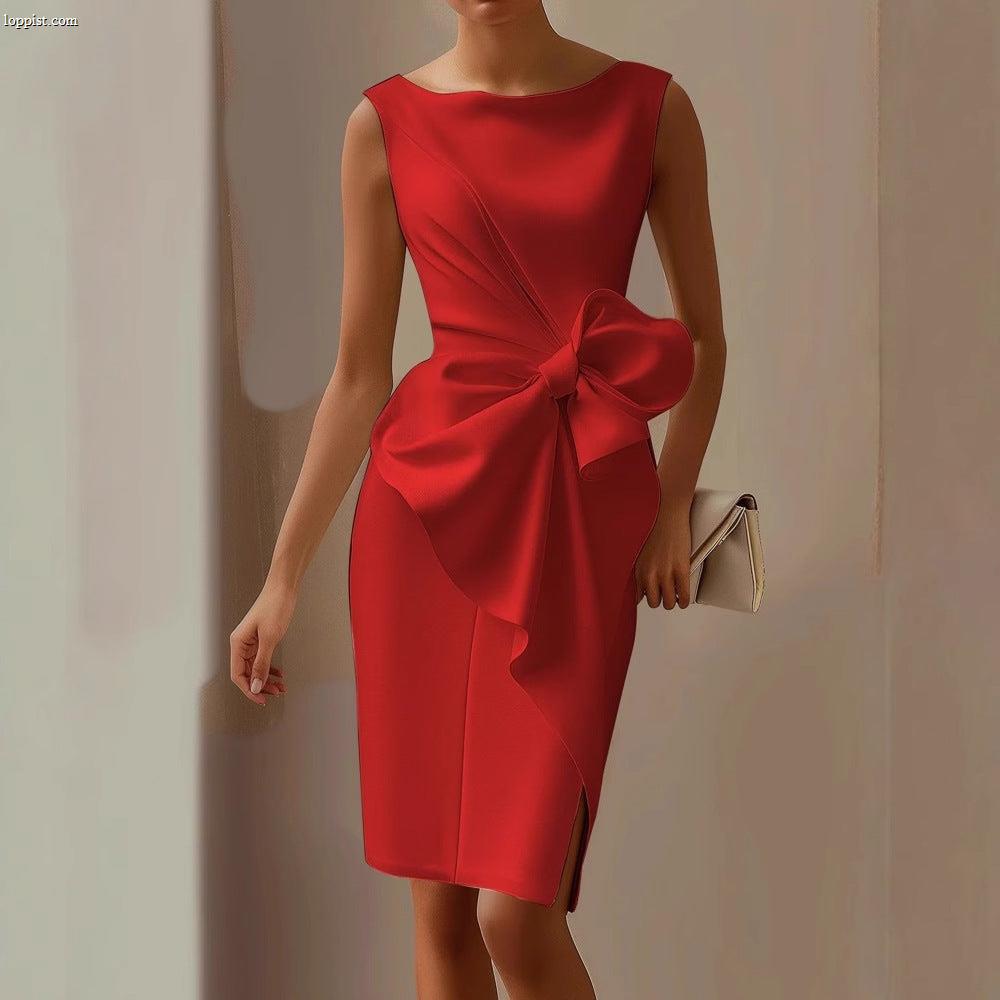Women's Bow Waist Sleeveless Pencil Dress Midi