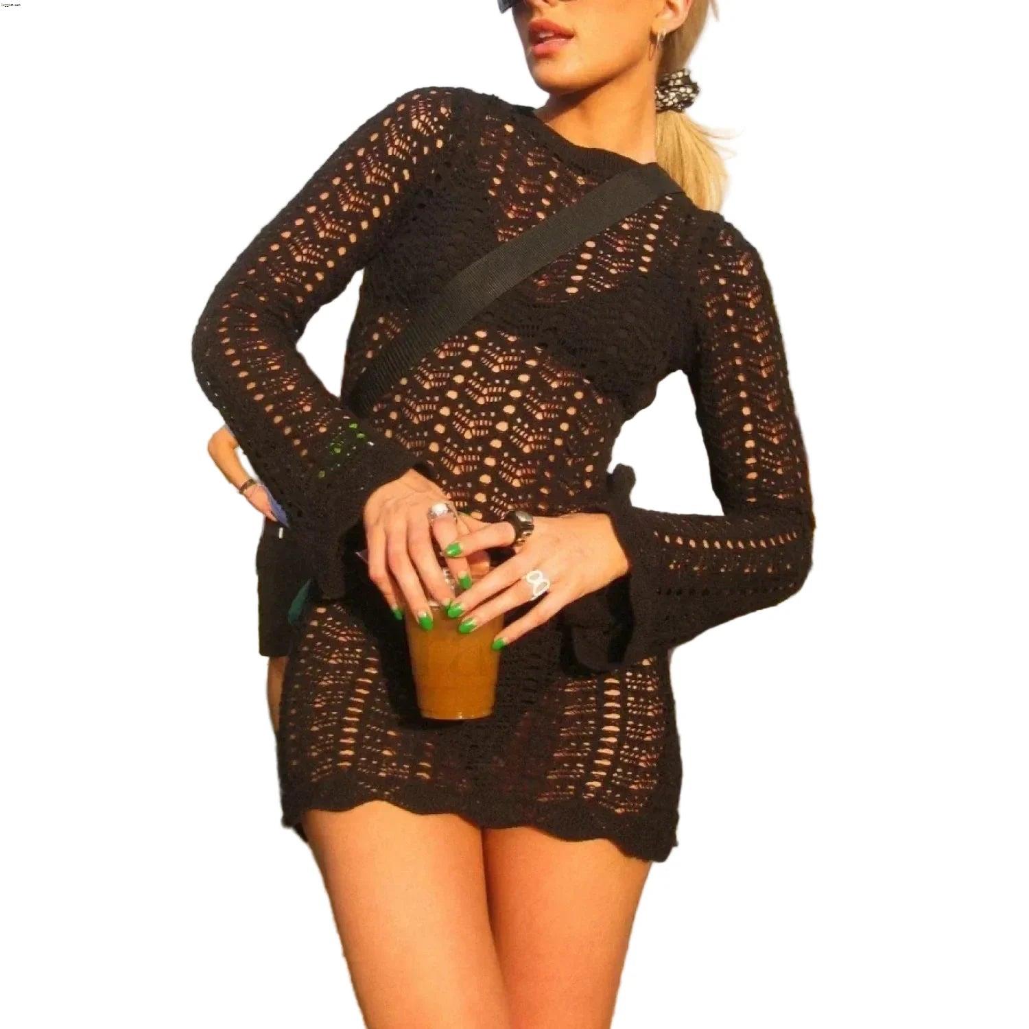 Women's Crochet Long Sleeve Mini Dress Cover Up