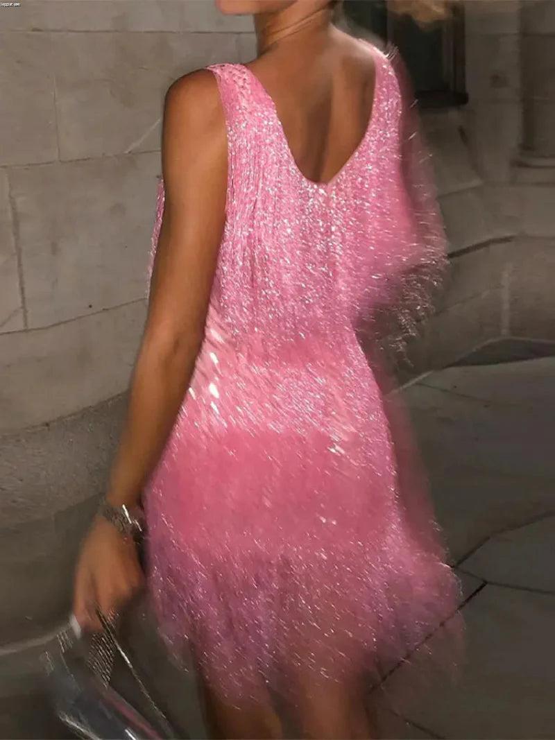 Women’s Sleeveless with V Neck Fringe Dress Mini