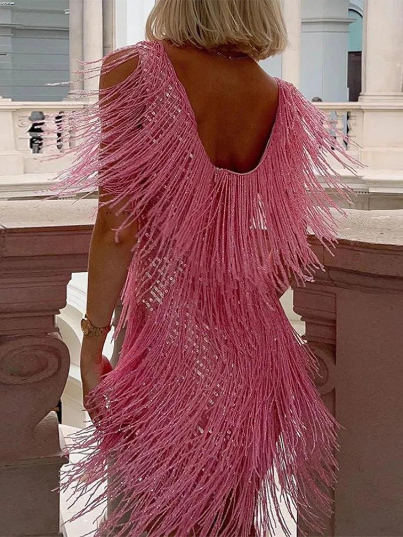 Women’s Sleeveless with V Neck Fringe Dress Mini