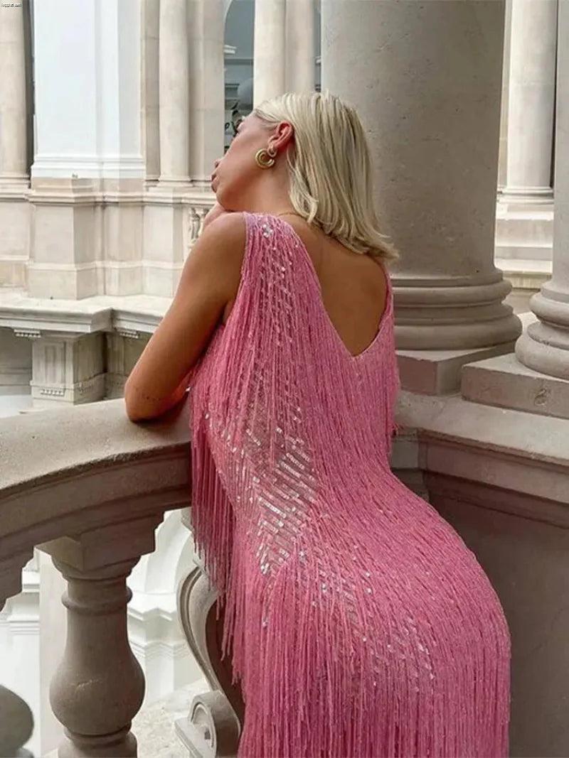 Women’s Sleeveless with V Neck Fringe Dress Mini