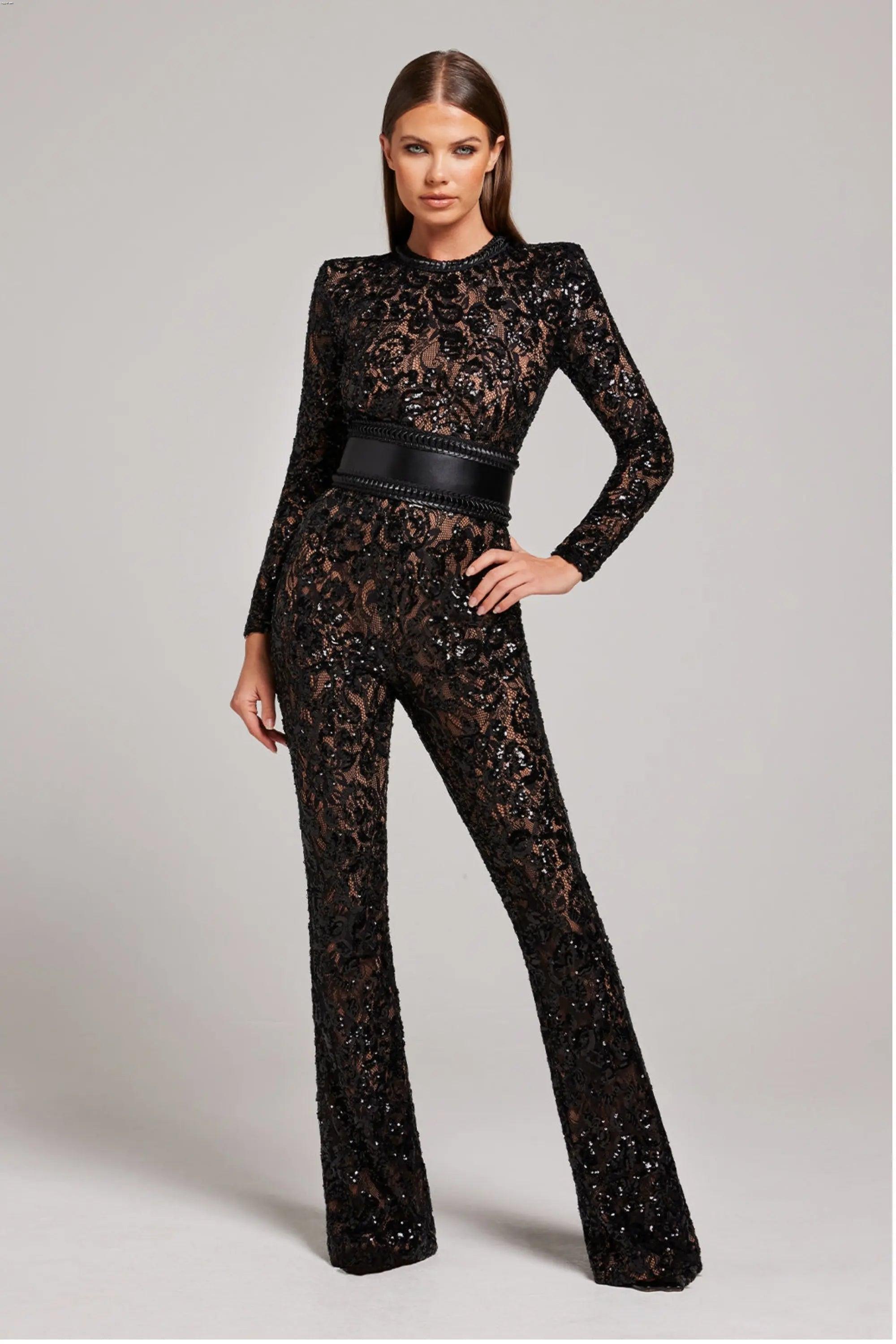 Glamorous Black Sequin Jumpsuit with Belted Waist