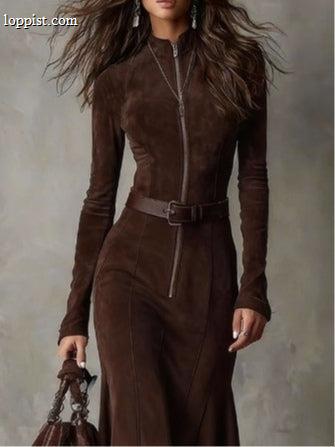 Roweno Brown Vintage Zipper Belted Midi Dress (Includes belt)