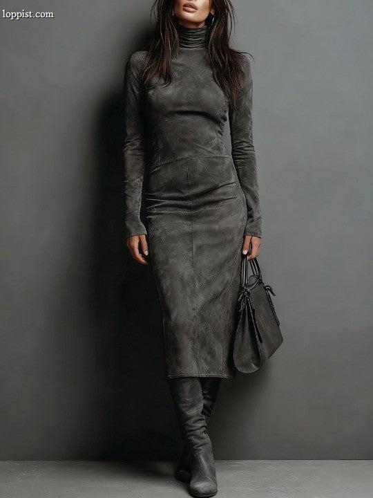 Seraphina High Neck Long Sleeve Suede Midi Dress
