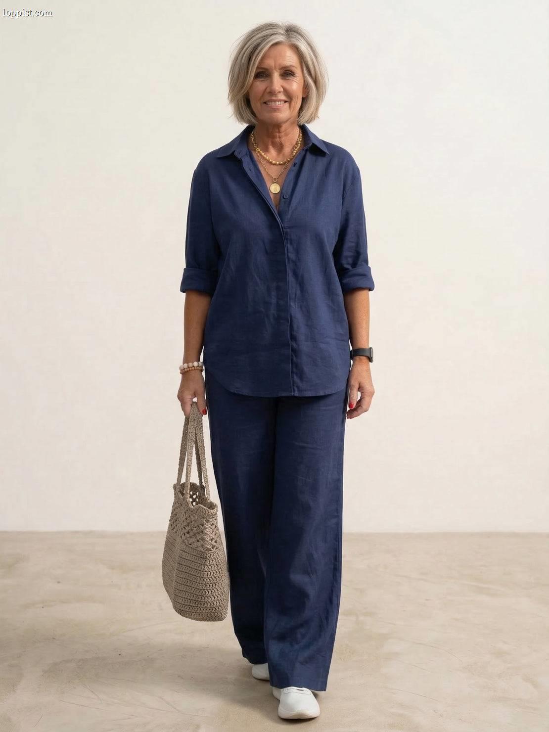 Women's casual linen set with button-down collared shirt and wide-leg pants