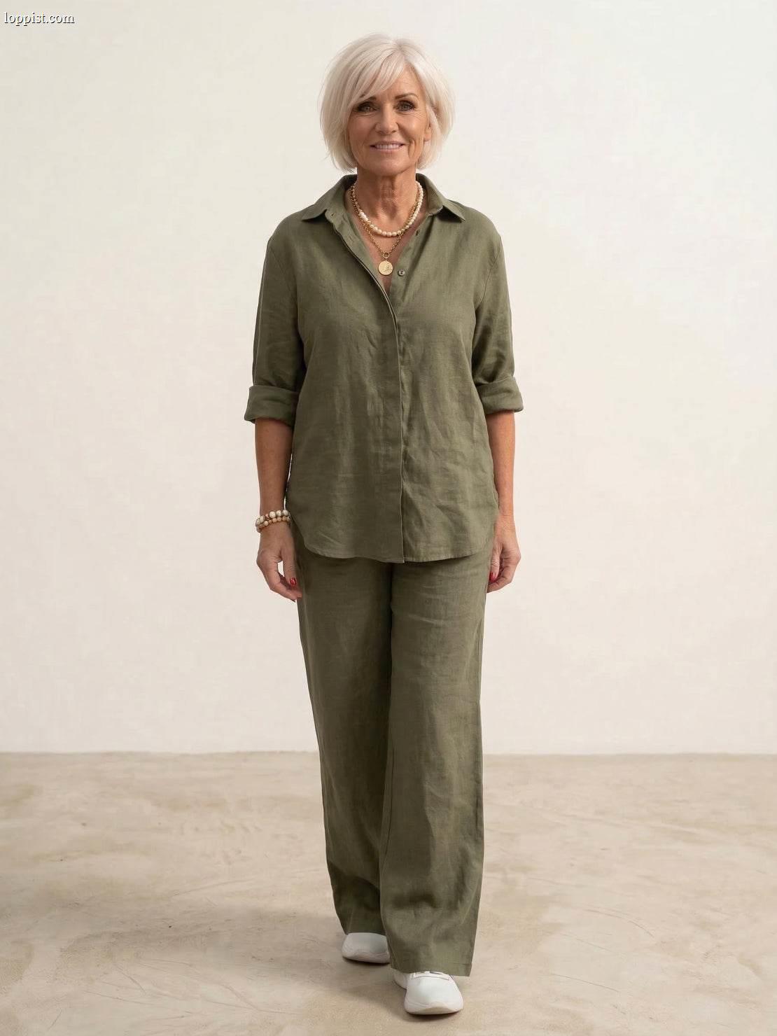 Women's casual linen set with button-down collared shirt and wide-leg pants