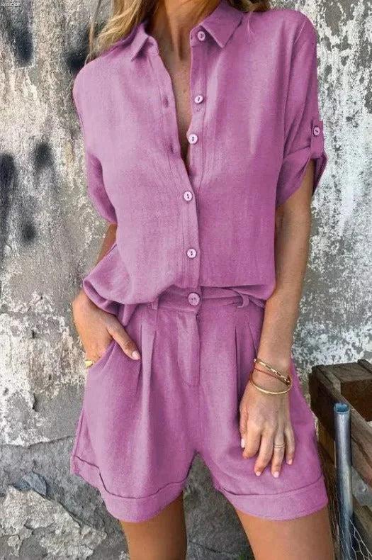 Women's lightweight collared shorts and top set with roll-tab short sleeves