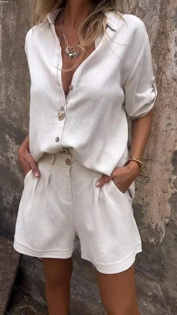 Women's lightweight collared shorts and top set with roll-tab short sleeves