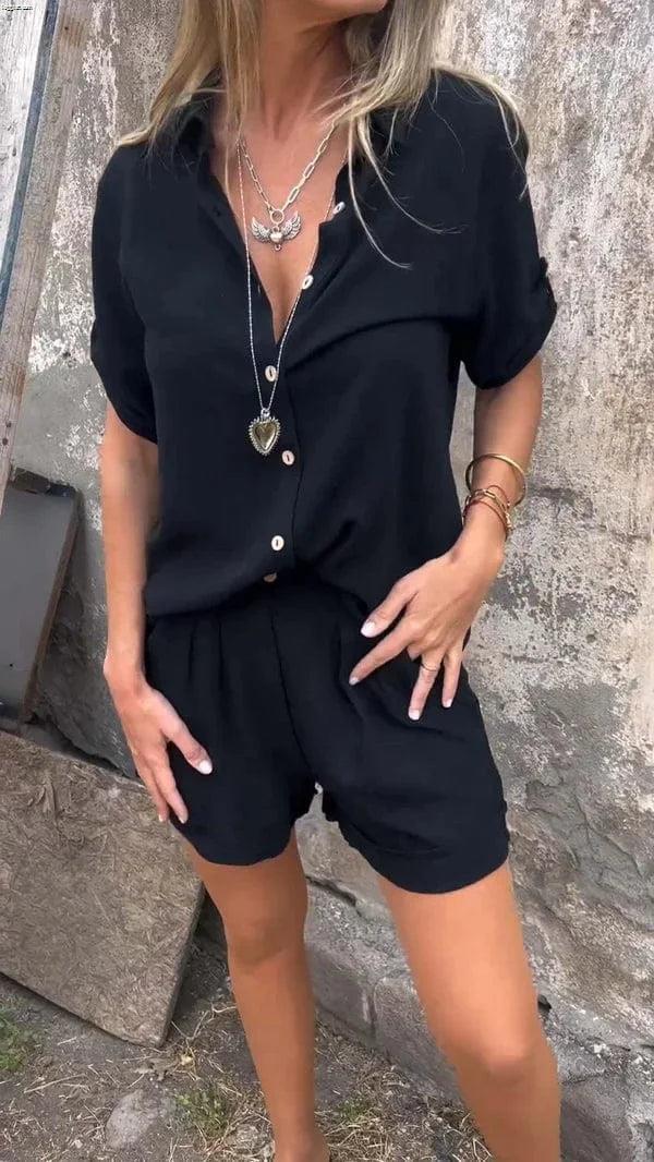 Women's lightweight collared shorts and top set with roll-tab short sleeves