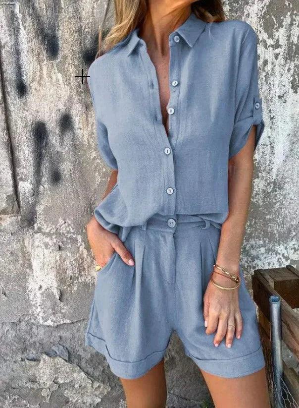 Women's lightweight collared shorts and top set with roll-tab short sleeves