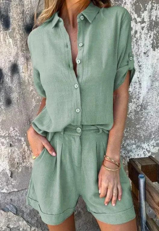 Women's lightweight collared shorts and top set with roll-tab short sleeves