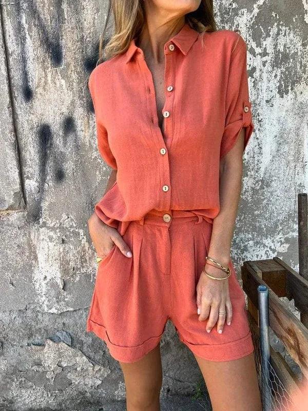 Women's lightweight collared shorts and top set with roll-tab short sleeves