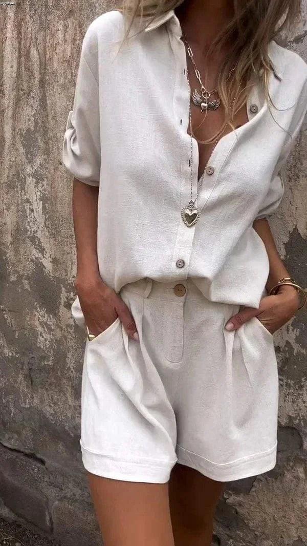 Women's lightweight collared shorts and top set with roll-tab short sleeves